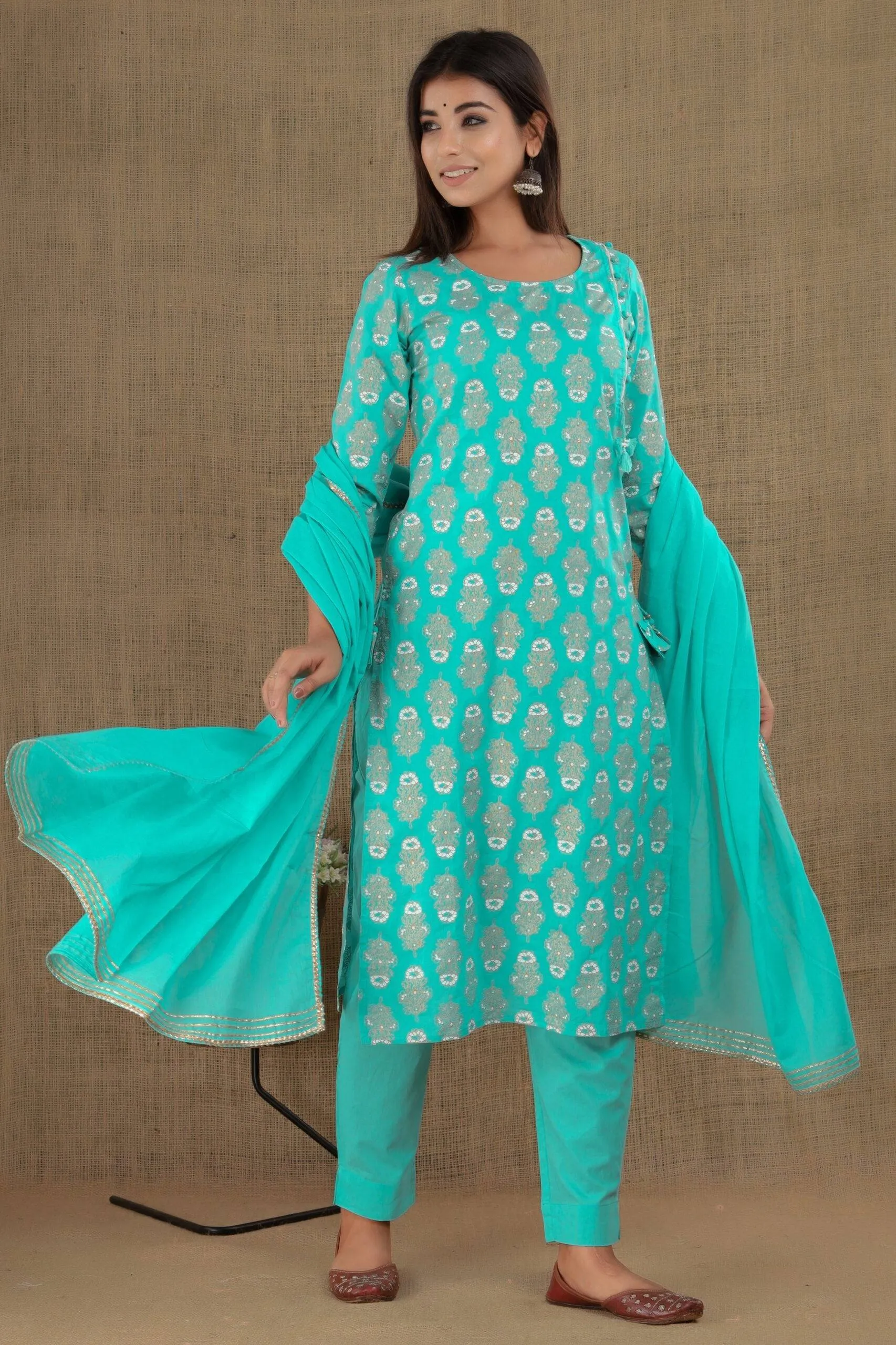 Cotton Blue- Green Printed Suit Set with Dupatta