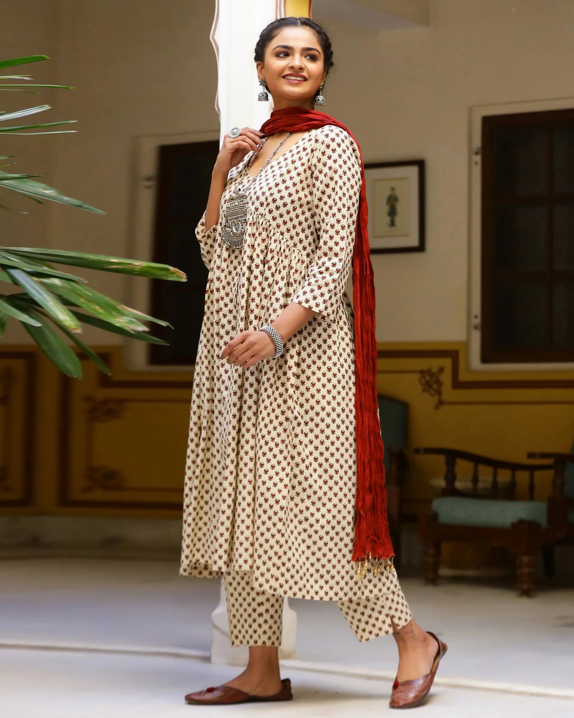 Cotton Cream & Red Printed Kurta Pant Set with Mulmul Dupatta