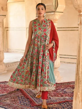 Cotton Green & Red Floral Print Anarkali Set with Chiffon Dupatta