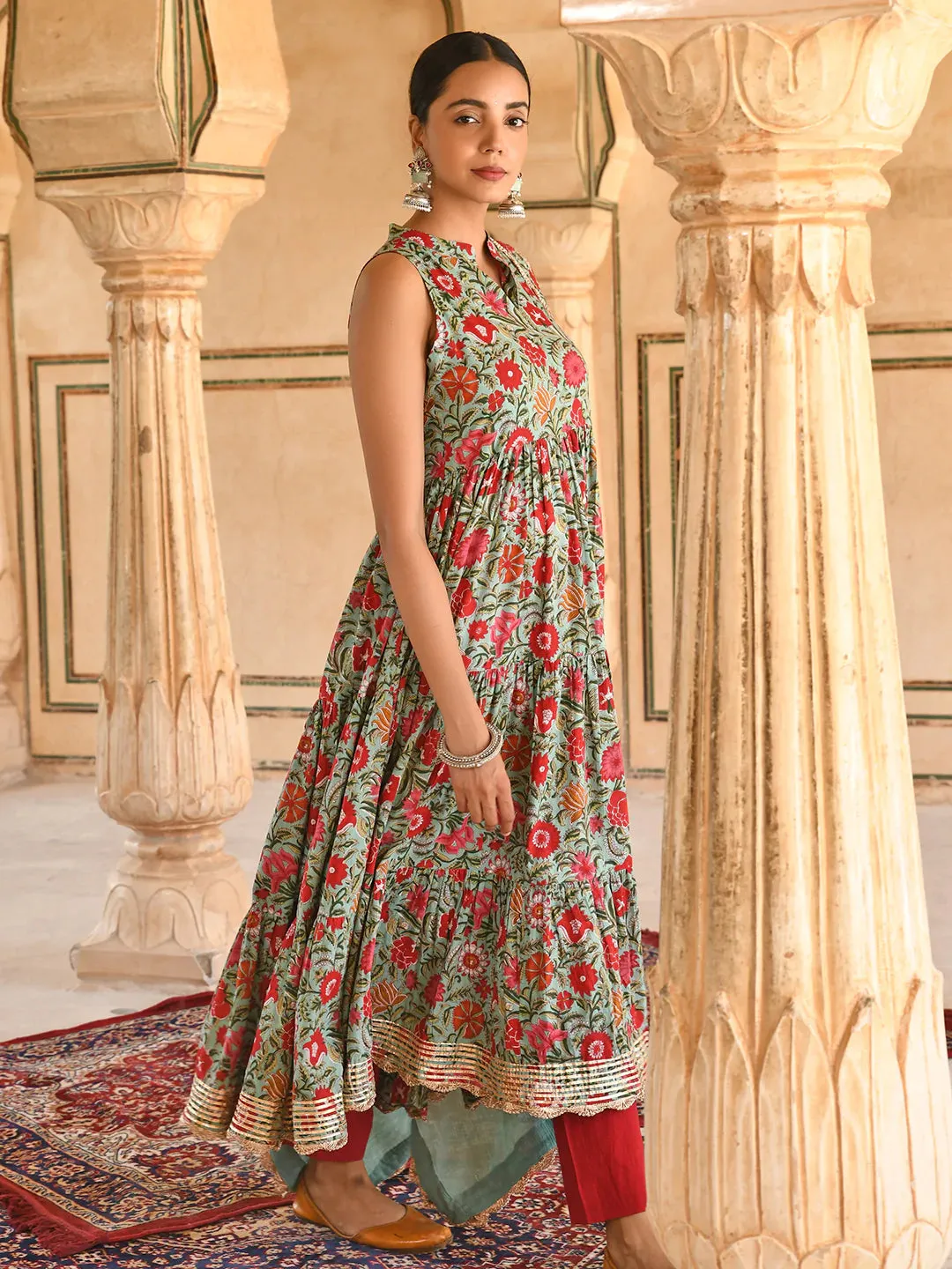 Cotton Green & Red Floral Print Anarkali Set with Chiffon Dupatta