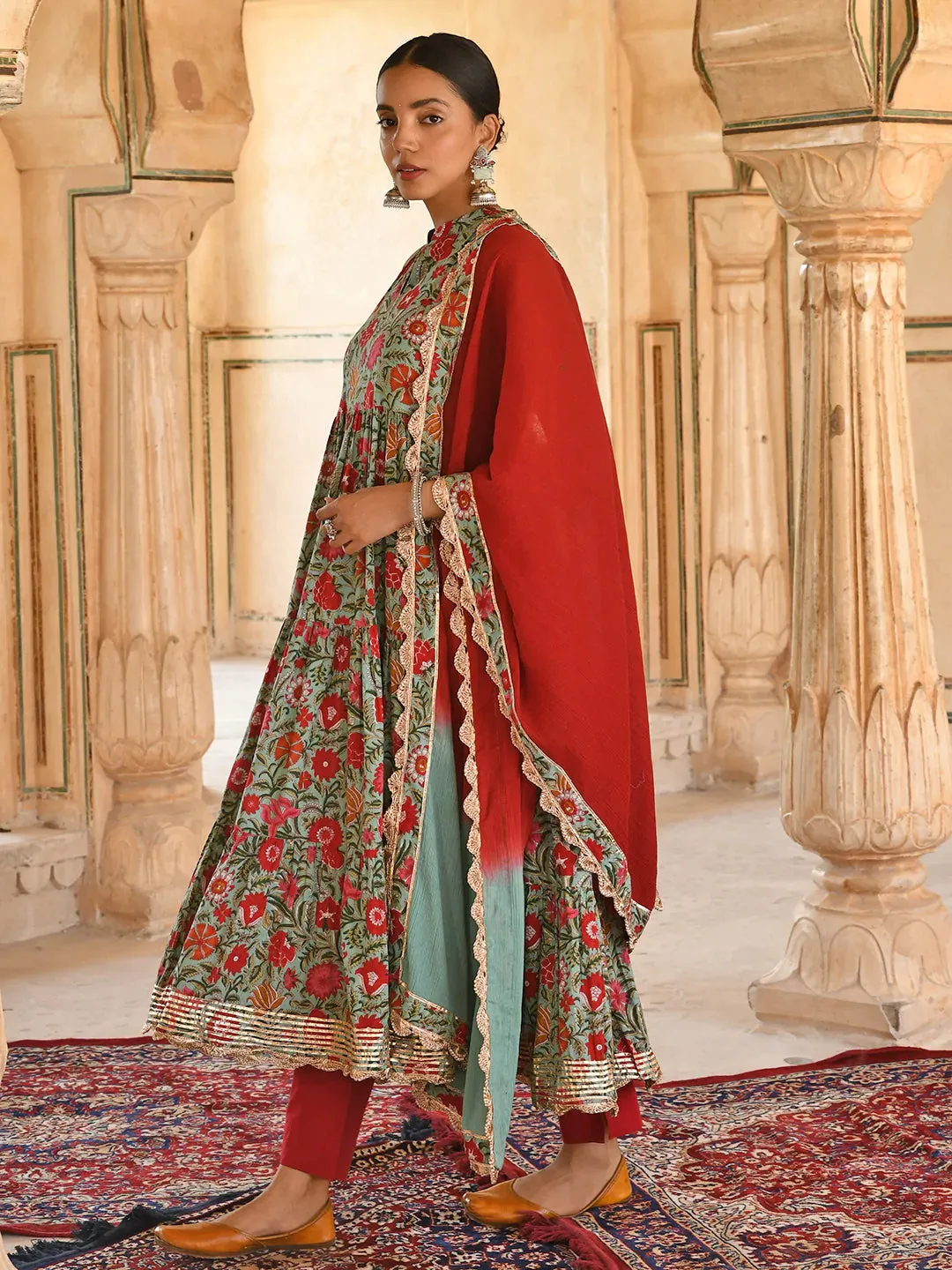 Cotton Green & Red Floral Print Anarkali Set with Chiffon Dupatta