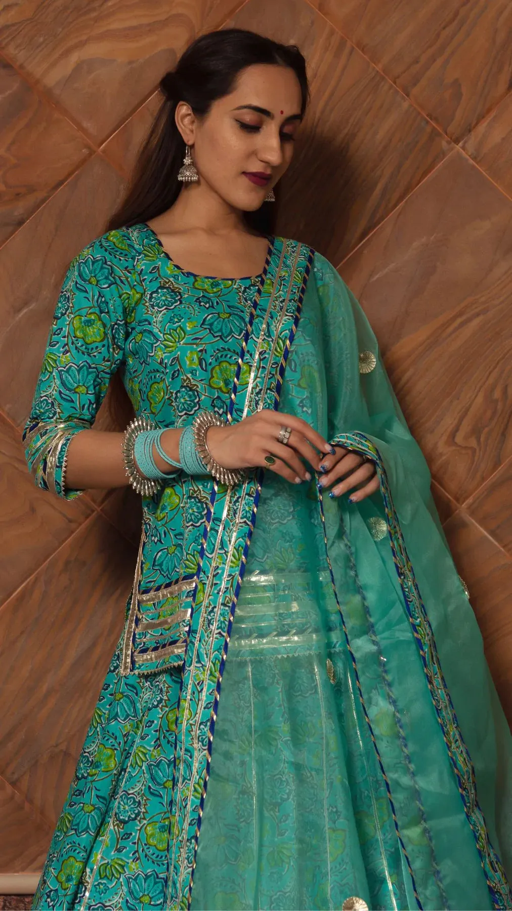 Cotton Green Printed Kurta Skirt Set with Organza Dupatta