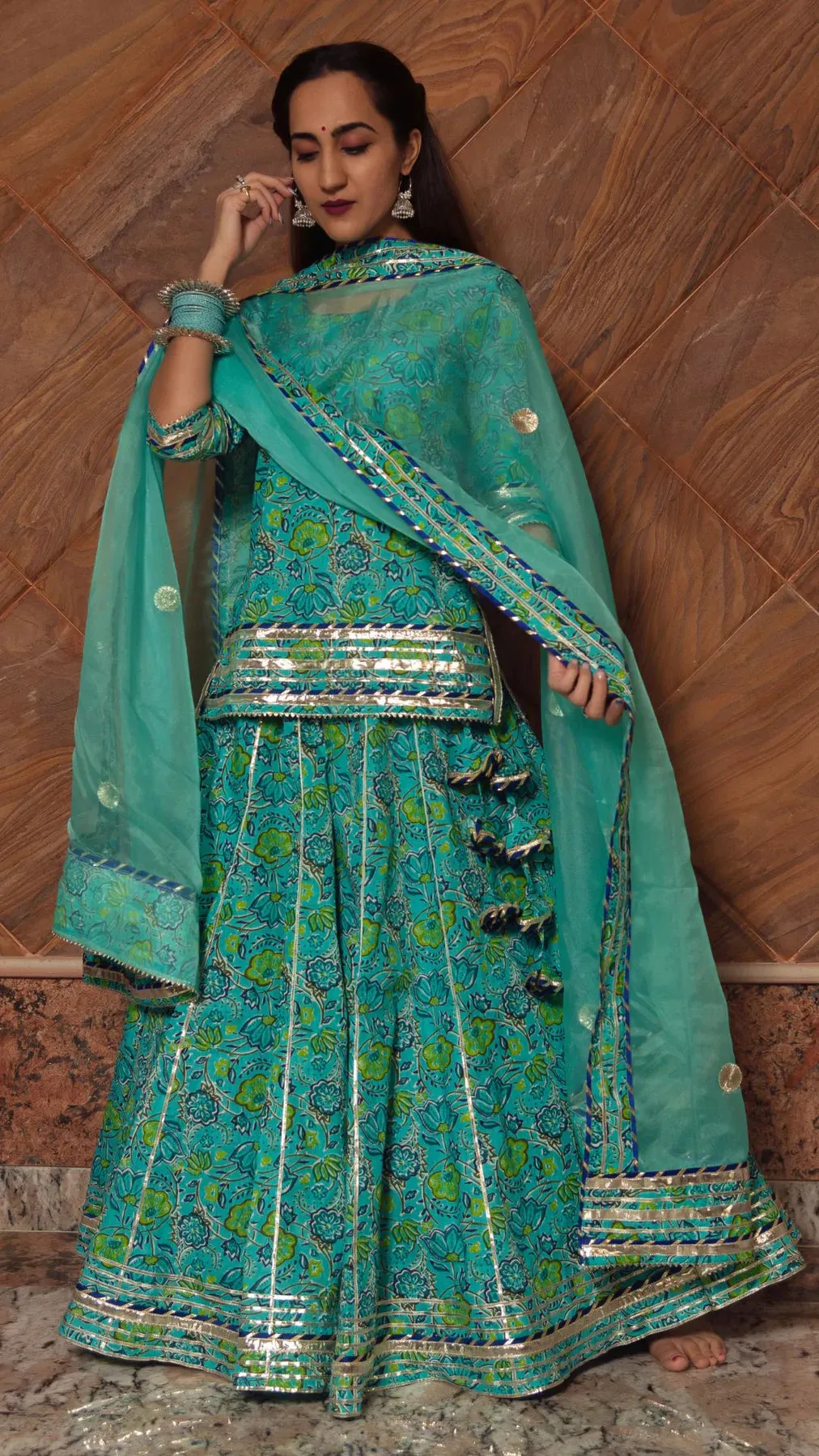 Cotton Green Printed Kurta Skirt Set with Organza Dupatta