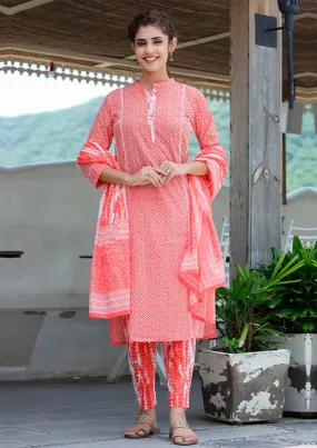 Cotton Peach Printed Suit Set with Dupatta