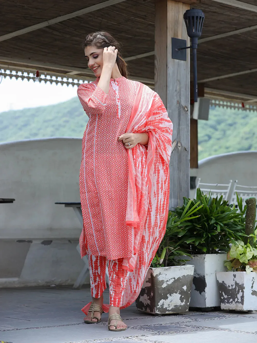 Cotton Peach Printed Suit Set with Dupatta