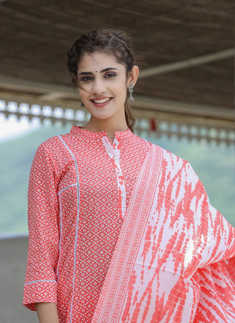 Cotton Peach Printed Suit Set with Dupatta