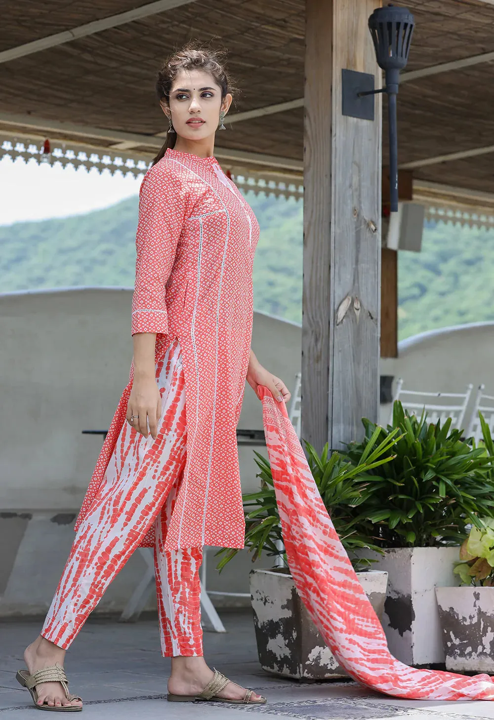 Cotton Peach Printed Suit Set with Dupatta