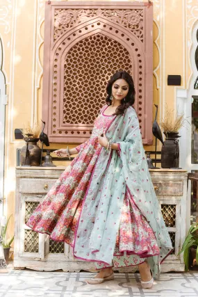 Cotton Pink & Light Blue Floral Print Anarkali Suit Set with Embroidered Dupatta