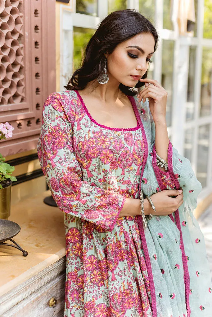 Cotton Pink & Light Blue Floral Print Anarkali Suit Set with Embroidered Dupatta