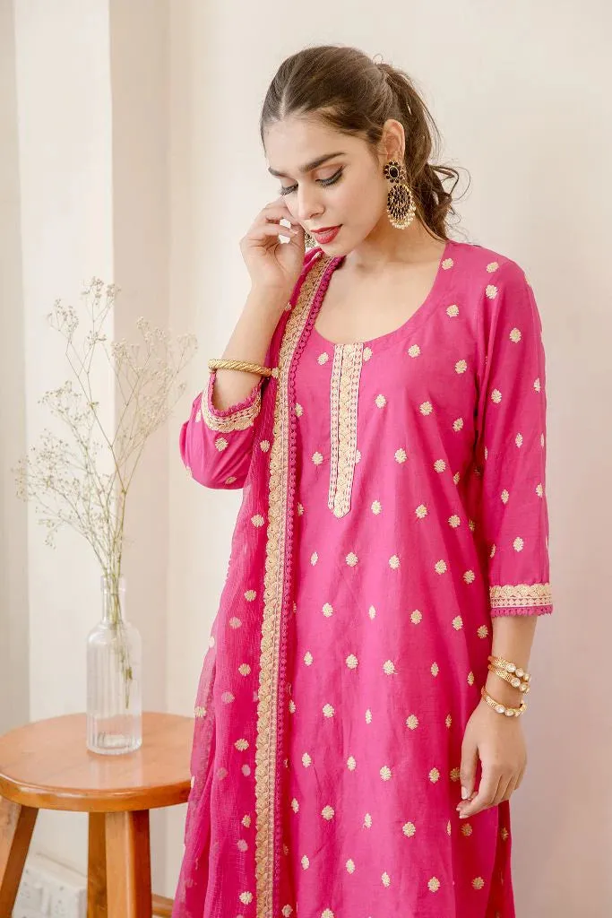 Cotton Pink Floral Embroidered Suit Set with Cotton Doriya Dupatta