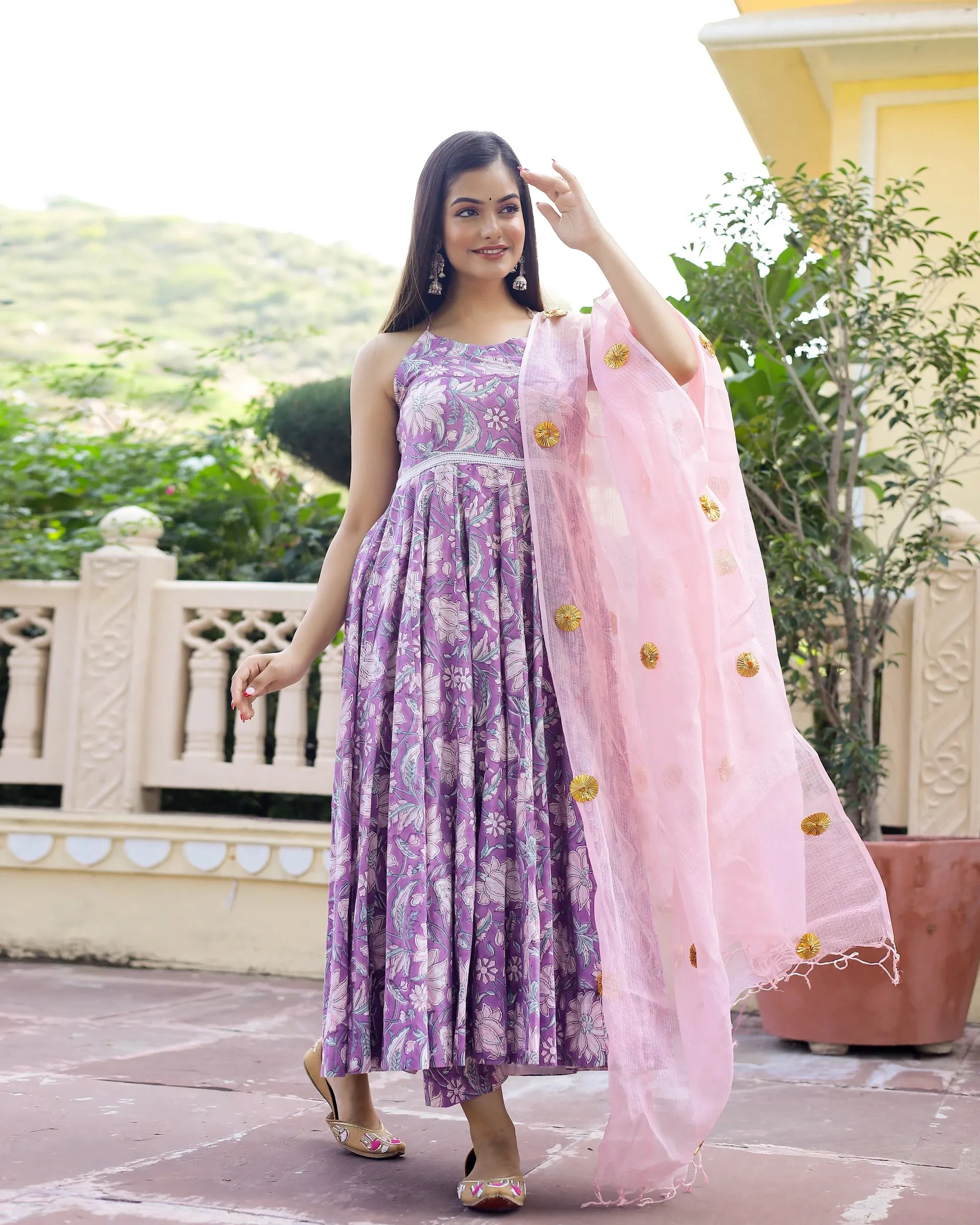 Cotton Purple & Peach Hand Block Print Anarkali Kurta Set