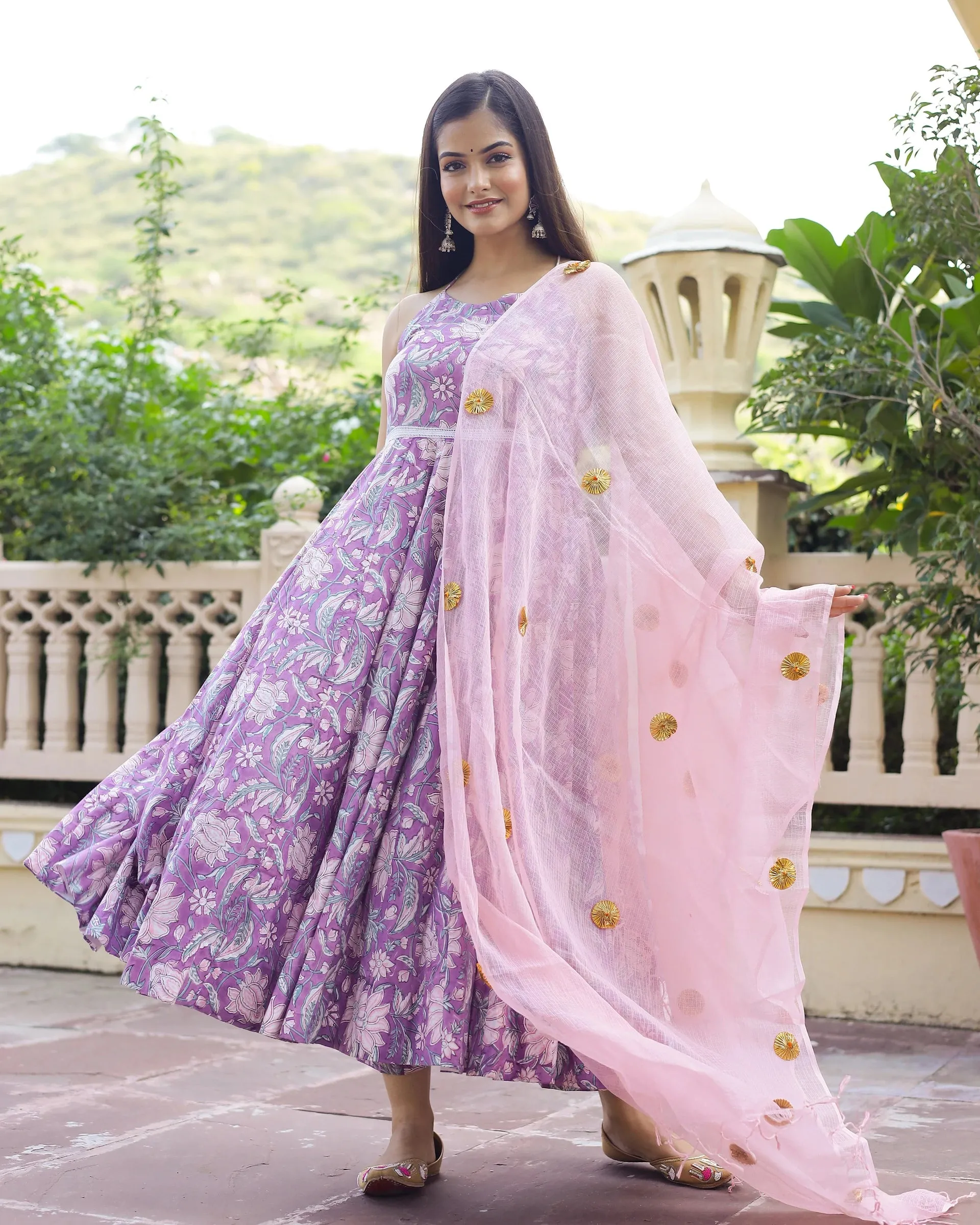 Cotton Purple & Peach Hand Block Print Anarkali Kurta Set