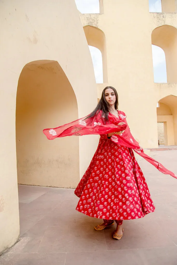 Cotton Red Printed Anarkali Suit Set with Doriya Dupatta