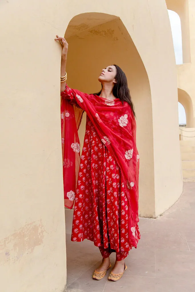 Cotton Red Printed Anarkali Suit Set with Doriya Dupatta