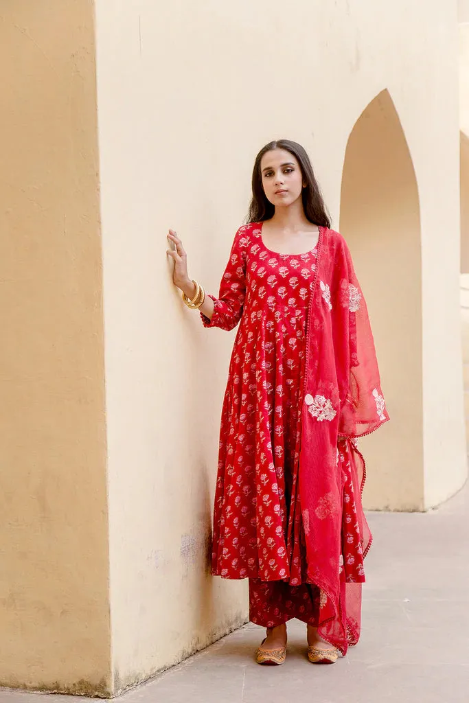 Cotton Red Printed Anarkali Suit Set with Doriya Dupatta