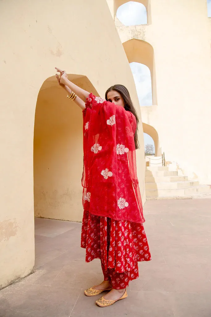 Cotton Red Printed Anarkali Suit Set with Doriya Dupatta