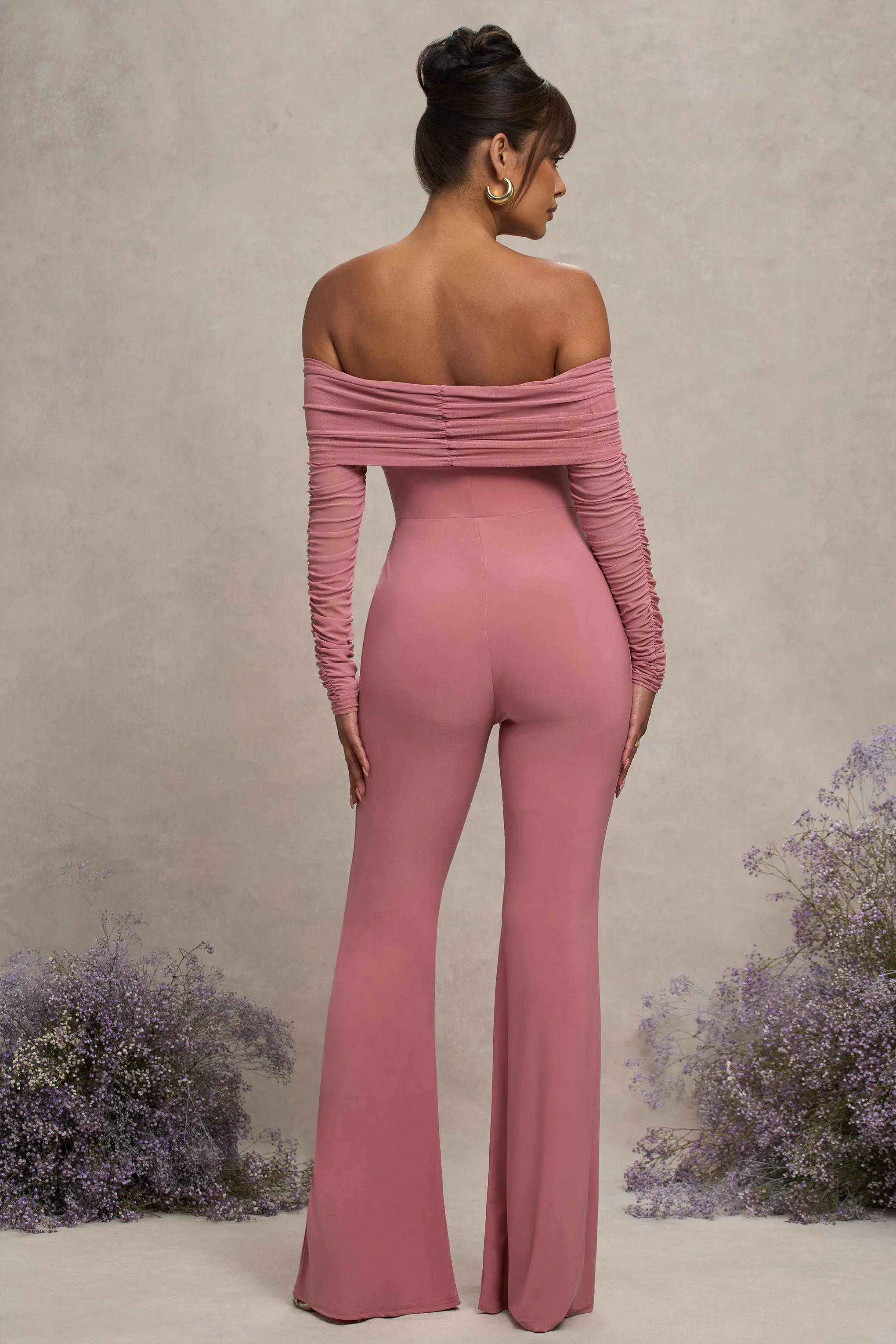 Count Down | Blush Pink Maternity Ruched Mesh Bardot Jumpsuit