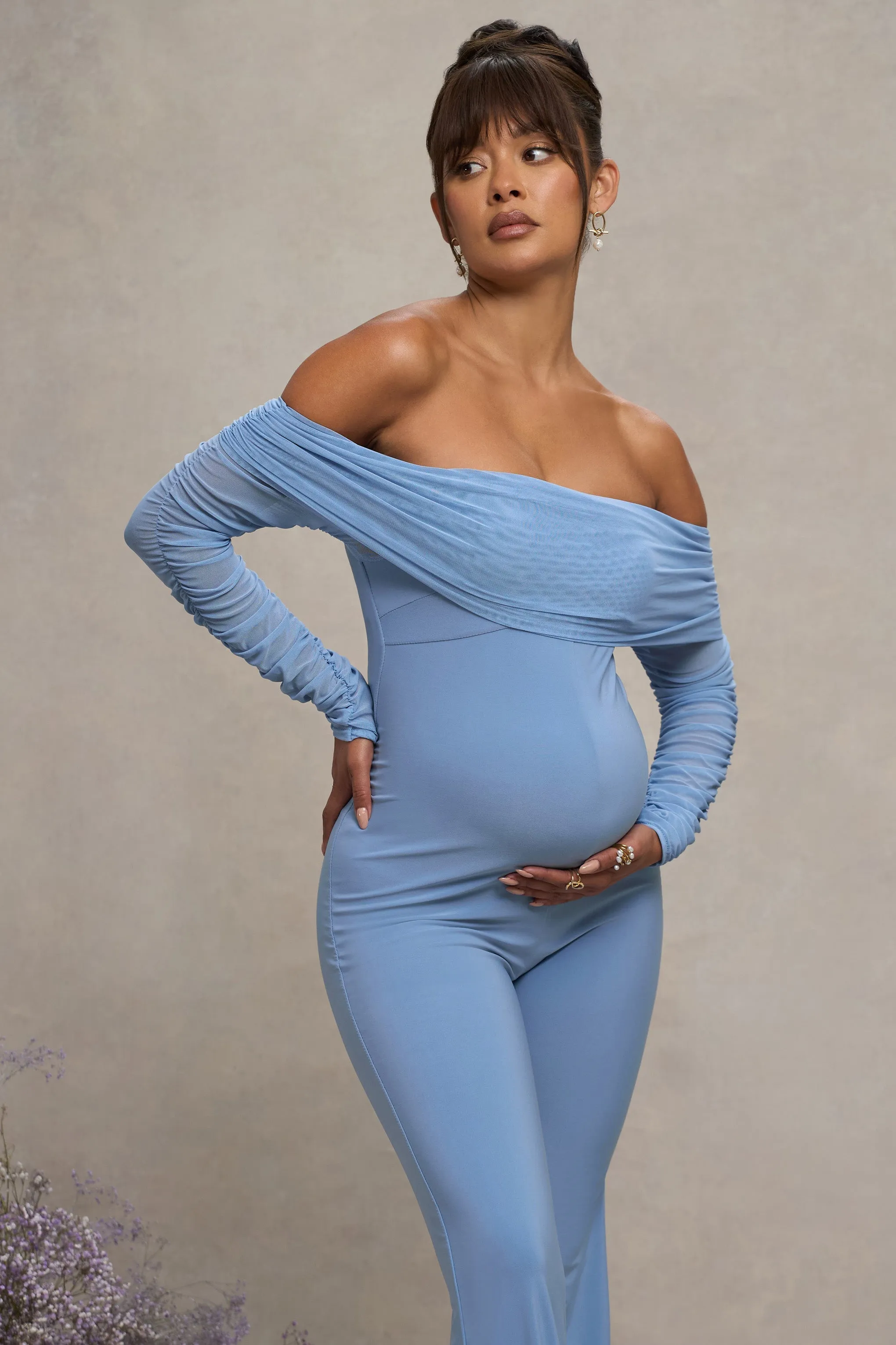 Count Down | Powder Blue Maternity Ruched Mesh Bardot Jumpsuit