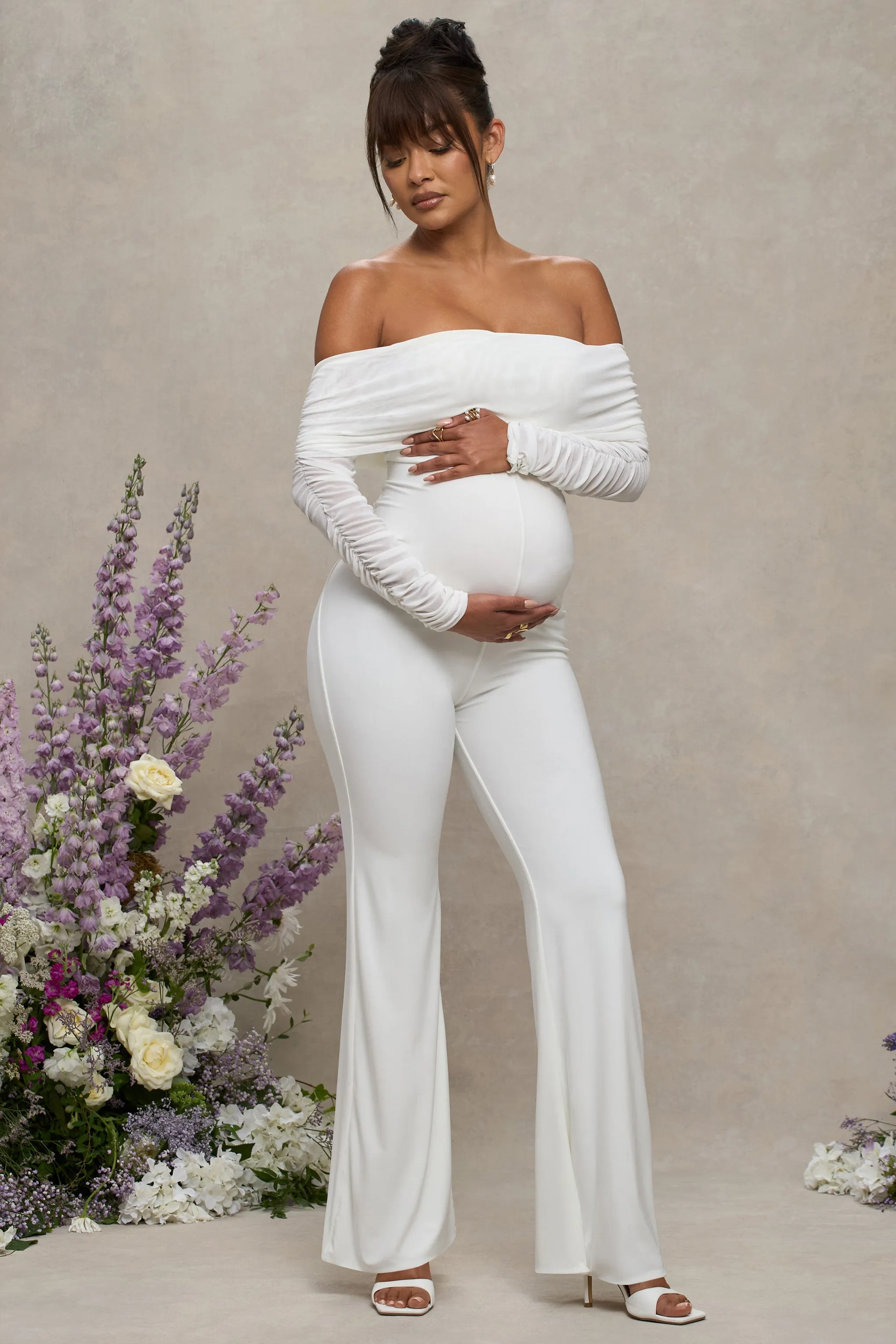 Count Down | White Maternity Ruched Mesh Bardot Jumpsuit