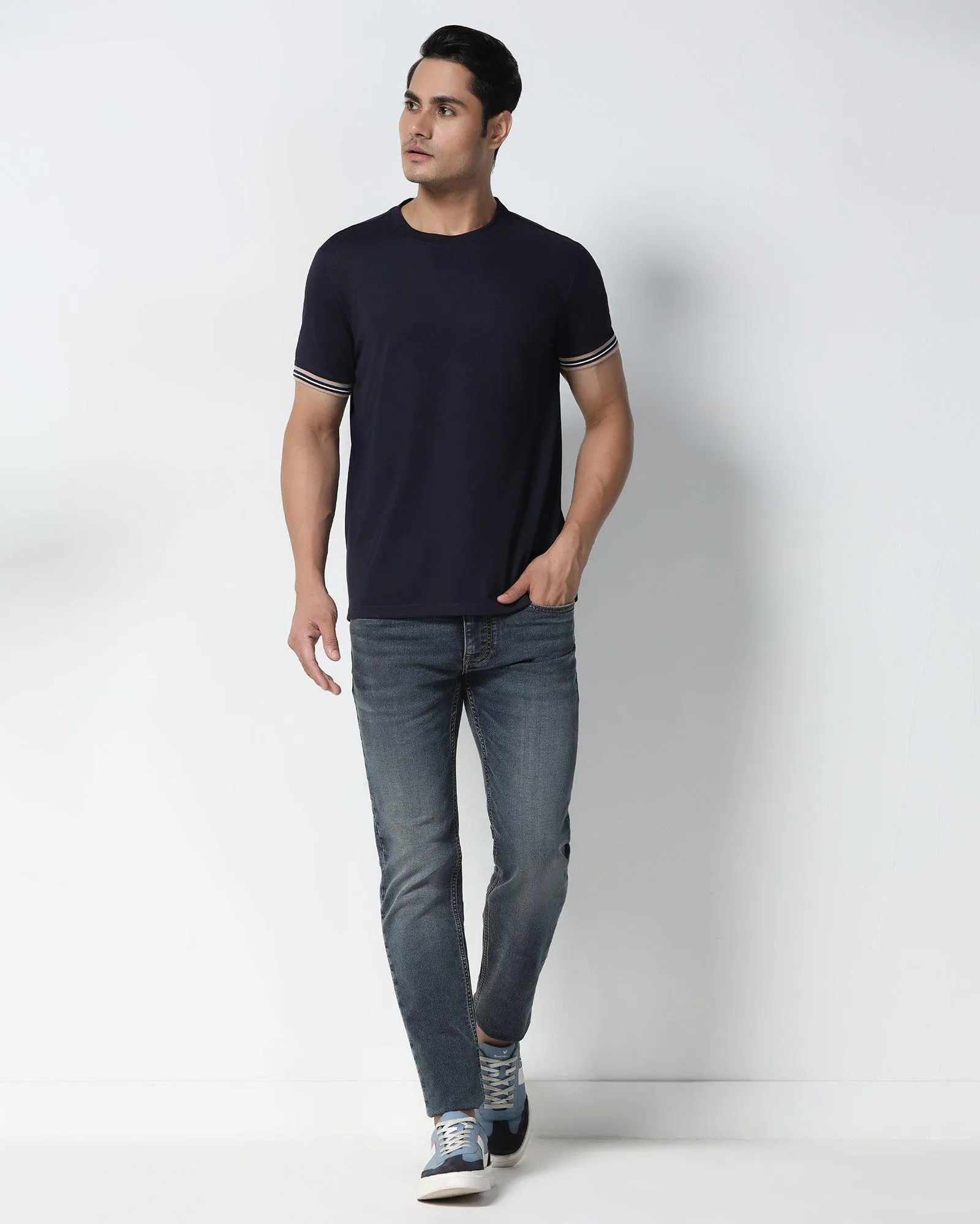 Crew Neck Navy Solid T-Shirt - Band