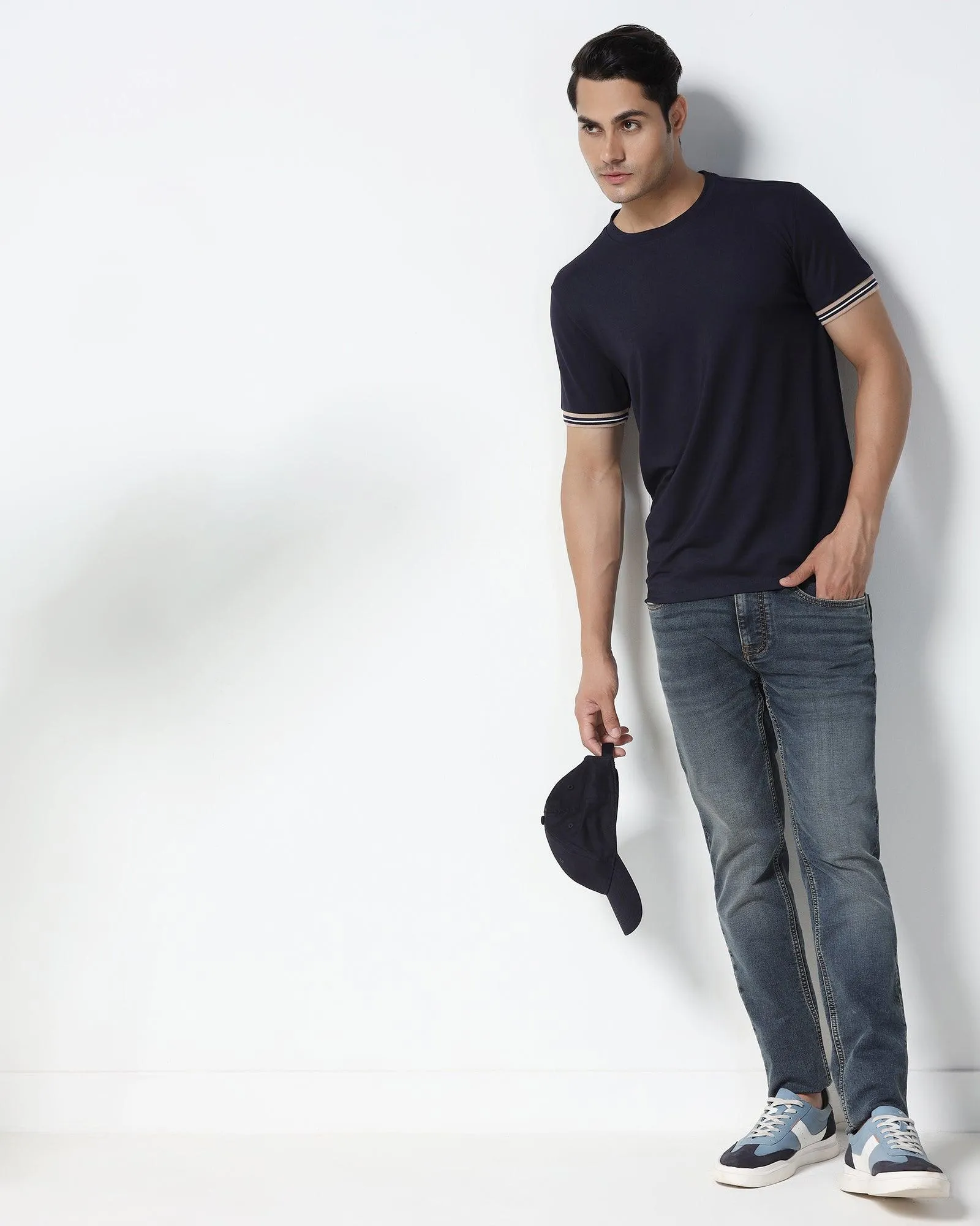 Crew Neck Navy Solid T-Shirt - Band