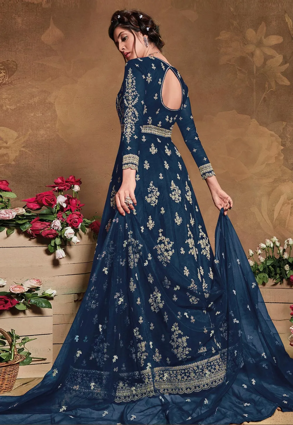 Dark Blue Golden Embroidered Wedding Anarkali Suit