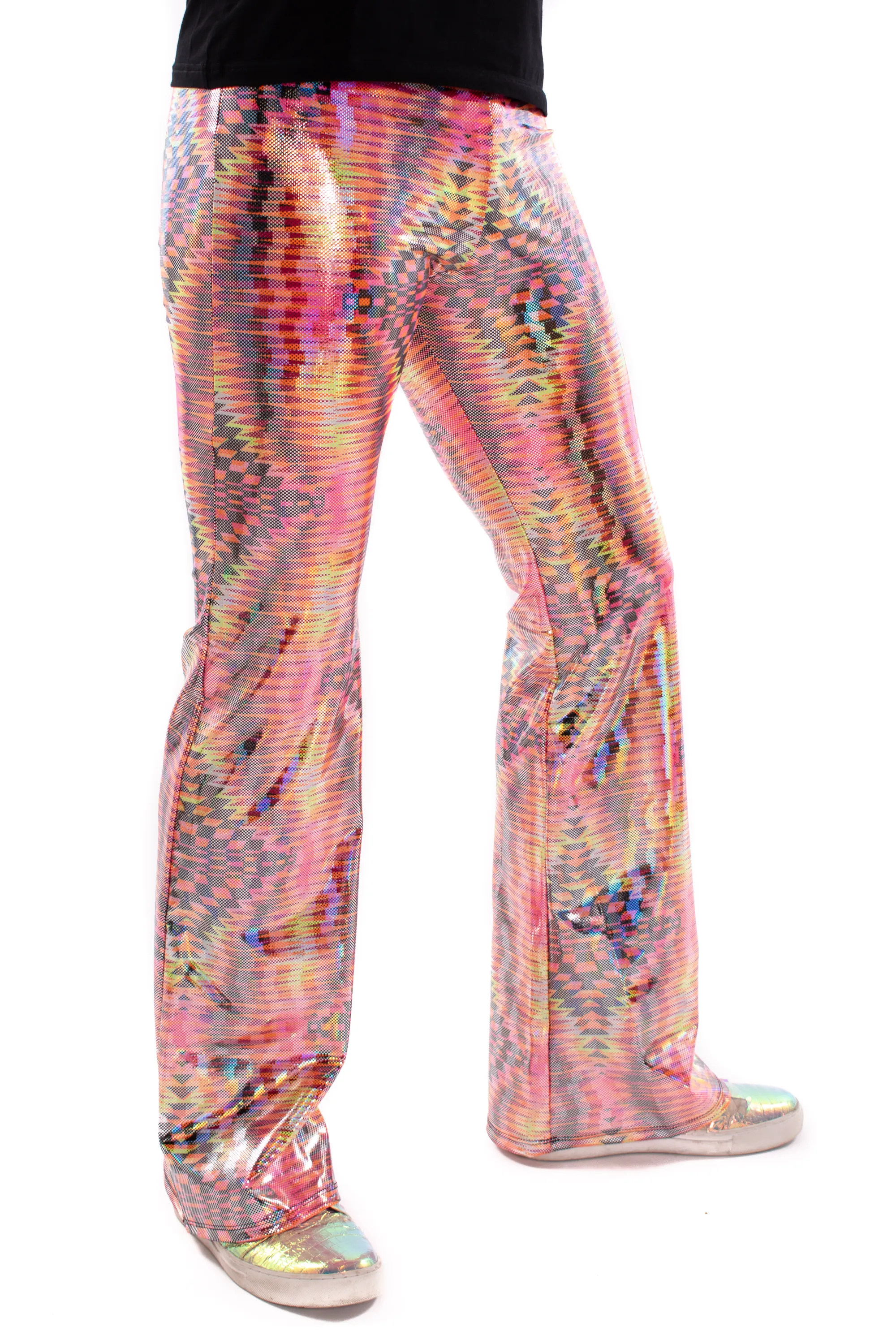 Dazzle Orange: UV Blacklight Men's Holographic Flared Pants - Trippy Tribal Print Bell Bottoms