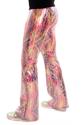 Dazzle Orange: UV Blacklight Men's Holographic Flared Pants - Trippy Tribal Print Bell Bottoms