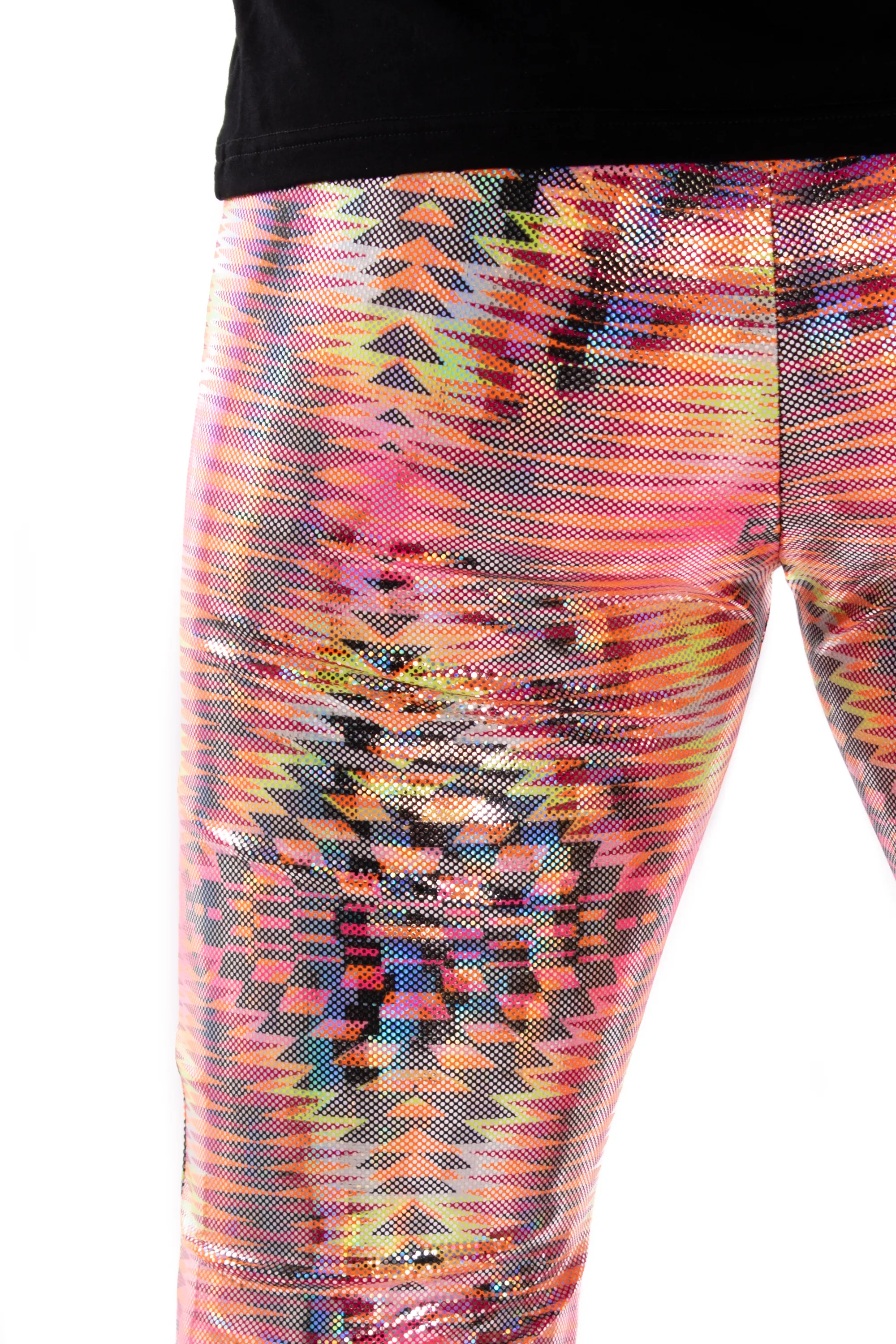 Dazzle Orange: UV Blacklight Men's Holographic Flared Pants - Trippy Tribal Print Bell Bottoms