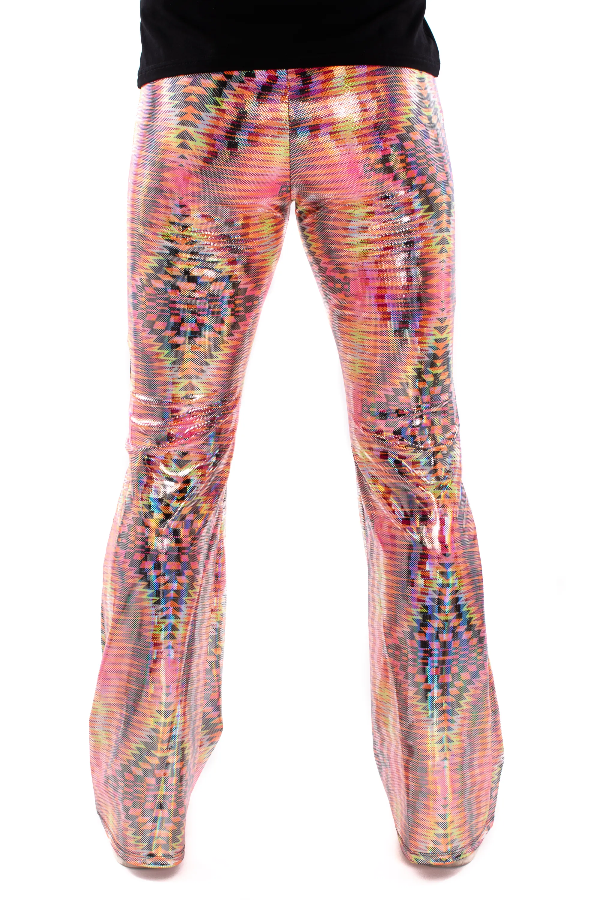 Dazzle Orange: UV Blacklight Men's Holographic Flared Pants - Trippy Tribal Print Bell Bottoms