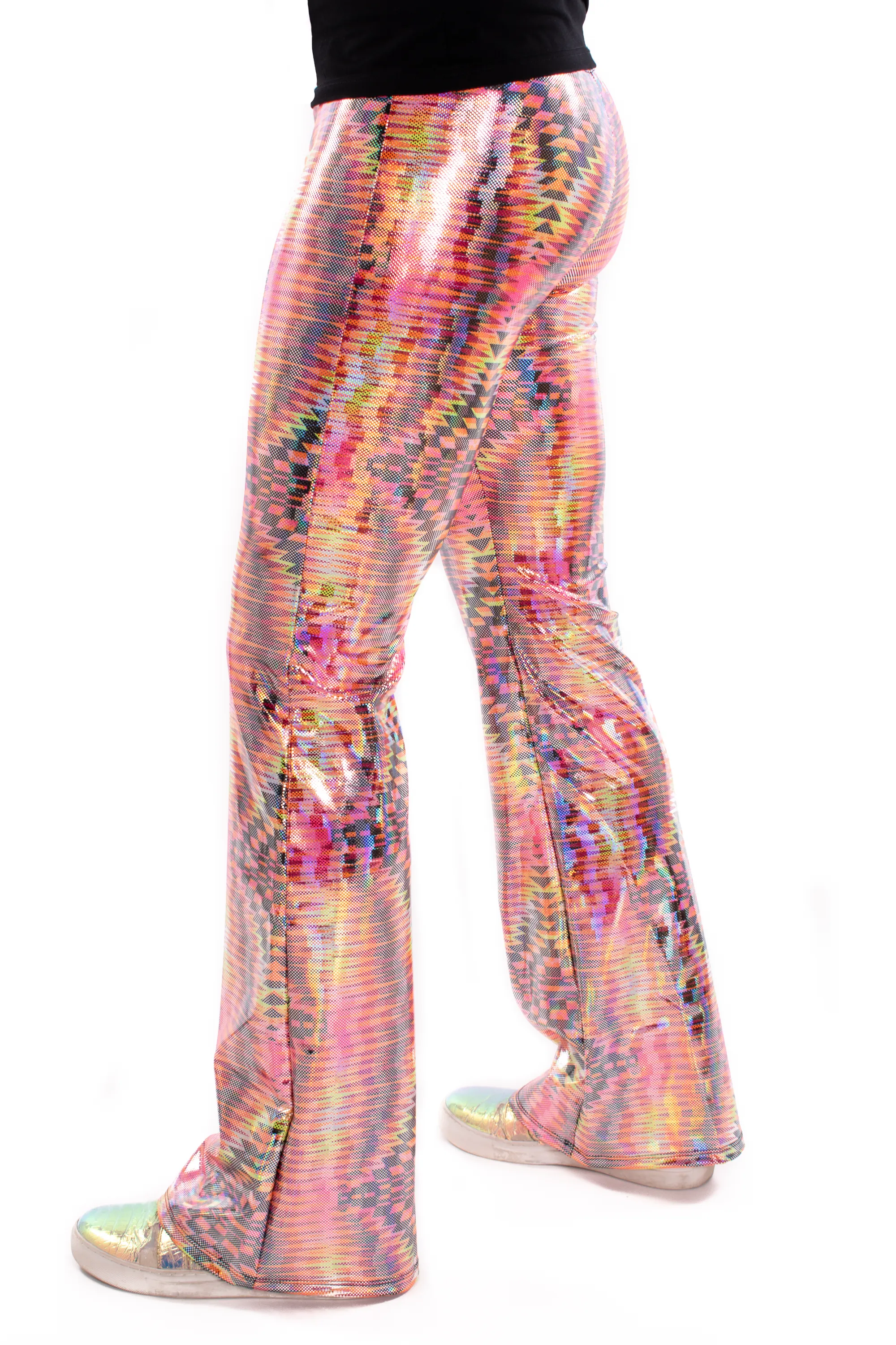 Dazzle Orange: UV Blacklight Men's Holographic Flared Pants - Trippy Tribal Print Bell Bottoms