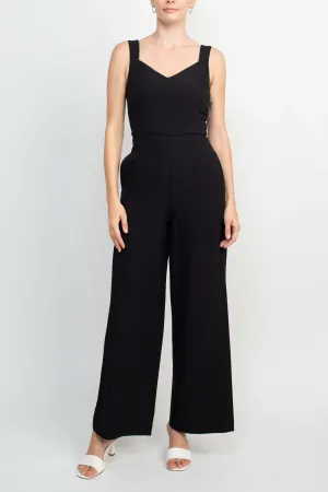 Donna Ricco V-Neck Sleeveless Zipper Back Pockets Solid Crepe Jumpsuit