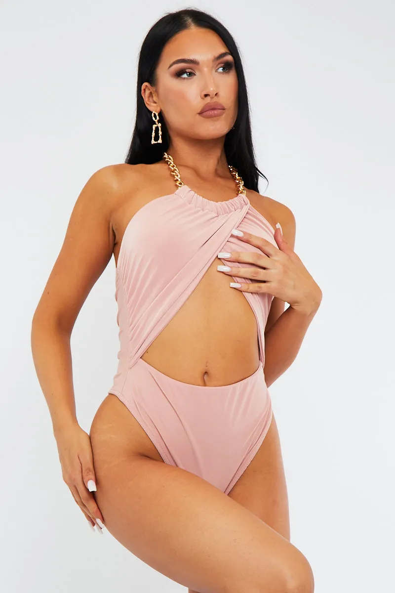 Dusty Pink Crossover Chain Halterneck Bodysuit - Mariel