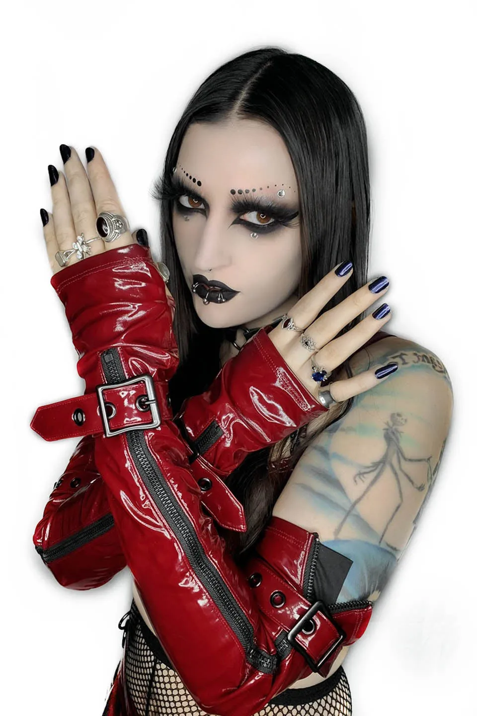 Elbow Length Fingerless PVC Gloves in VAMPIRE RED