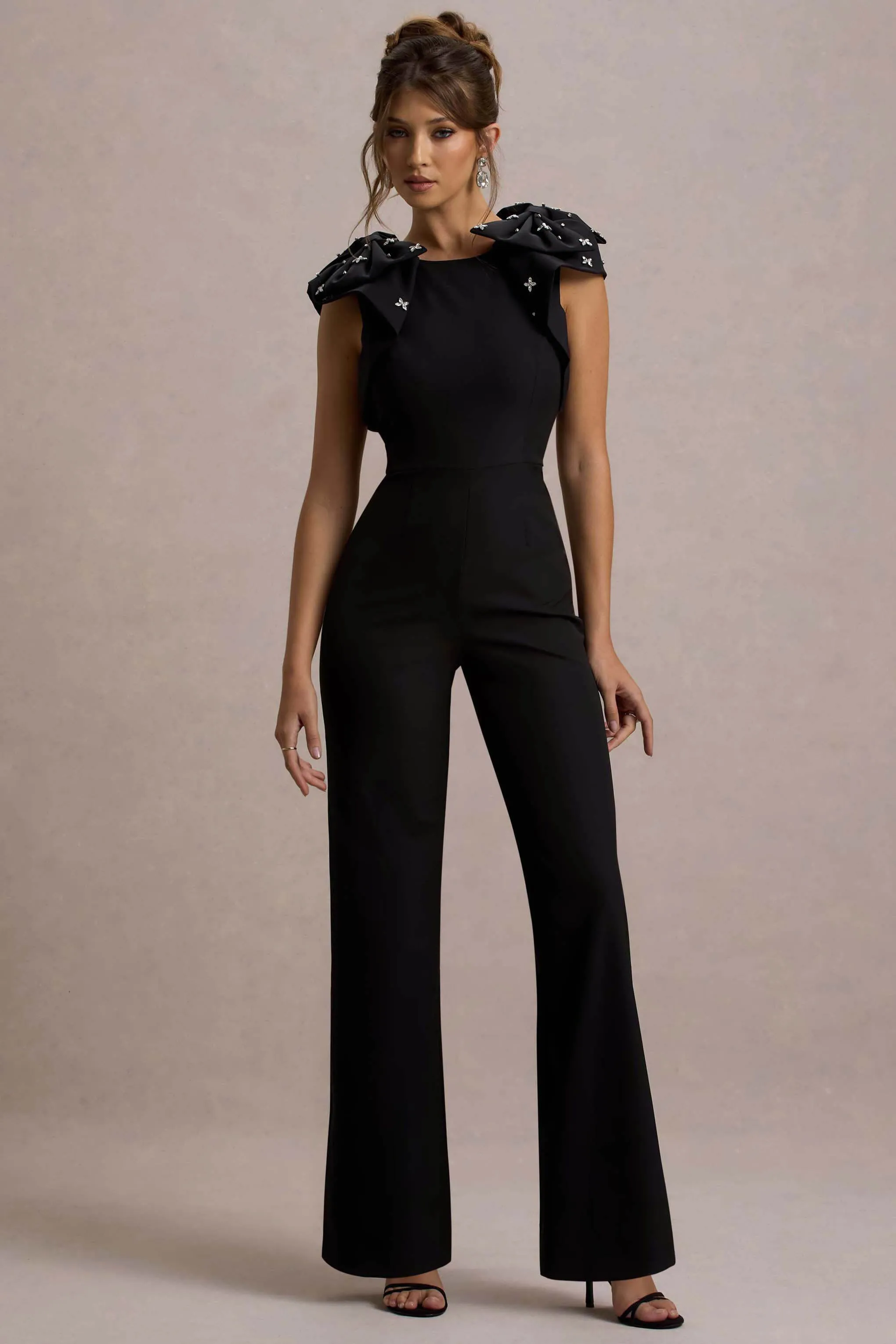 Elma | Black Straight-Leg Jumpsuit With Embellished Bows