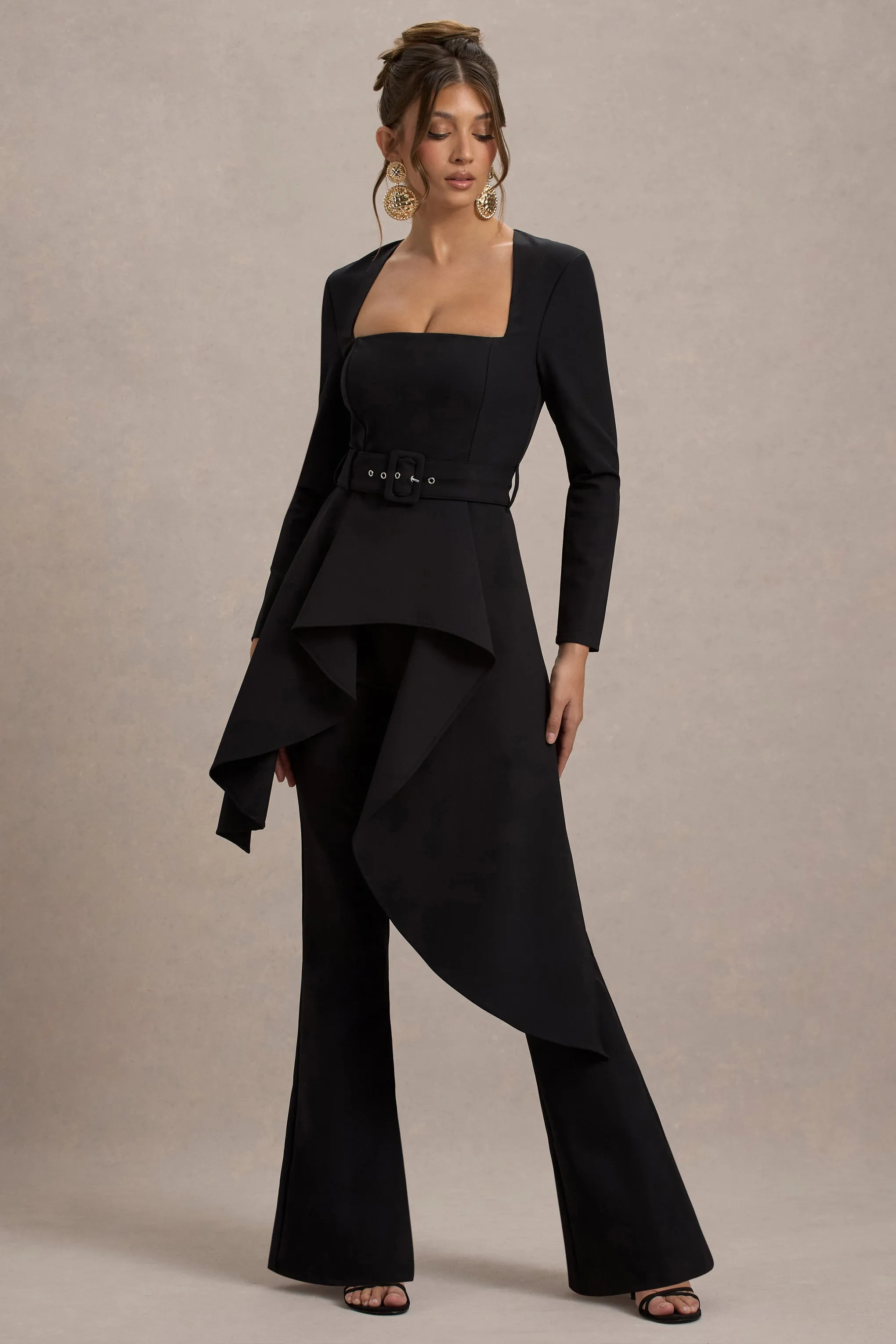 Eminent | Black Square-Neck Flared-Leg Jumpsuit With Draped Waist