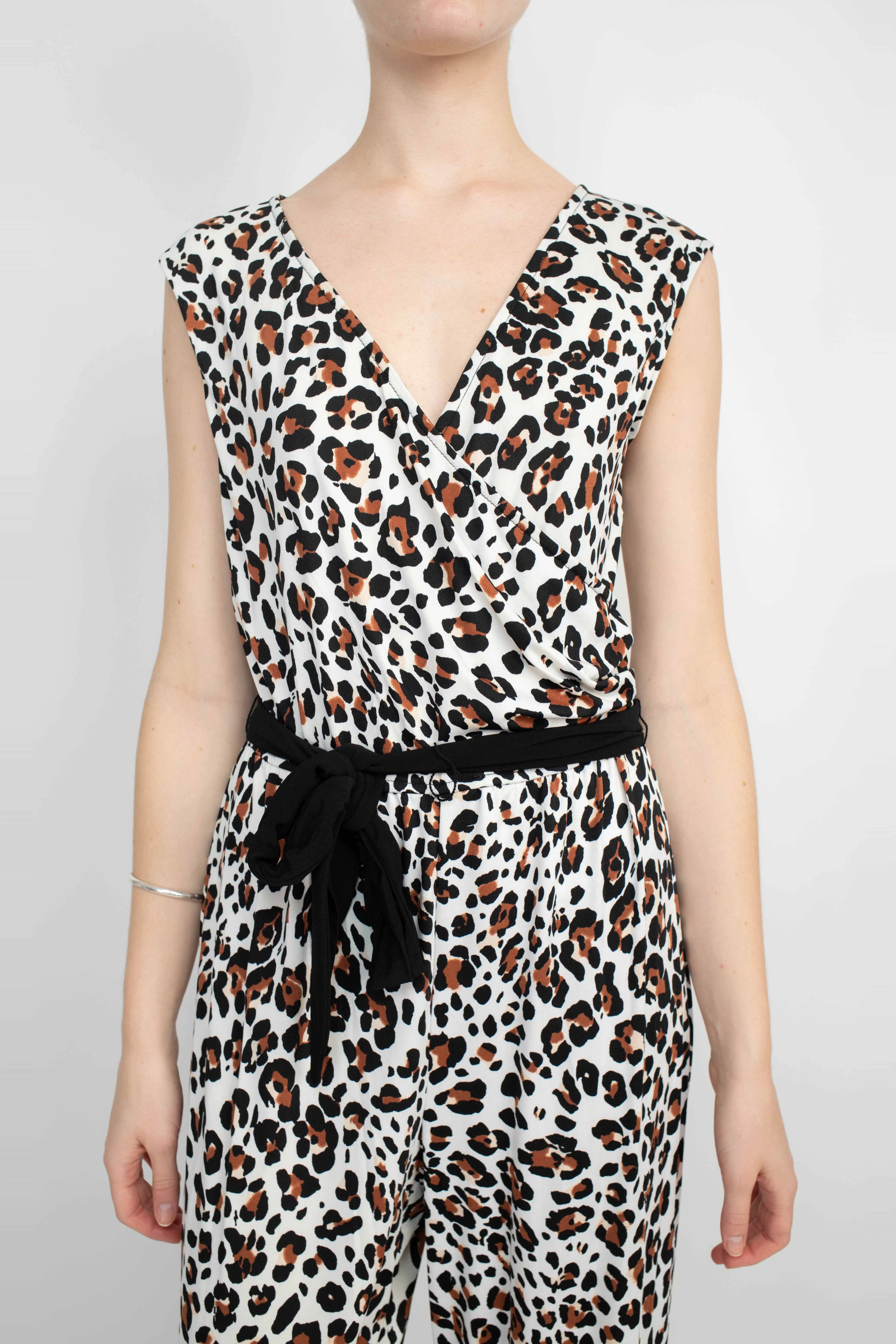 Emma & Michele V-Neck Elastic Waist Sleeveless Tie Waist Animal Print ITY Jumpsuit