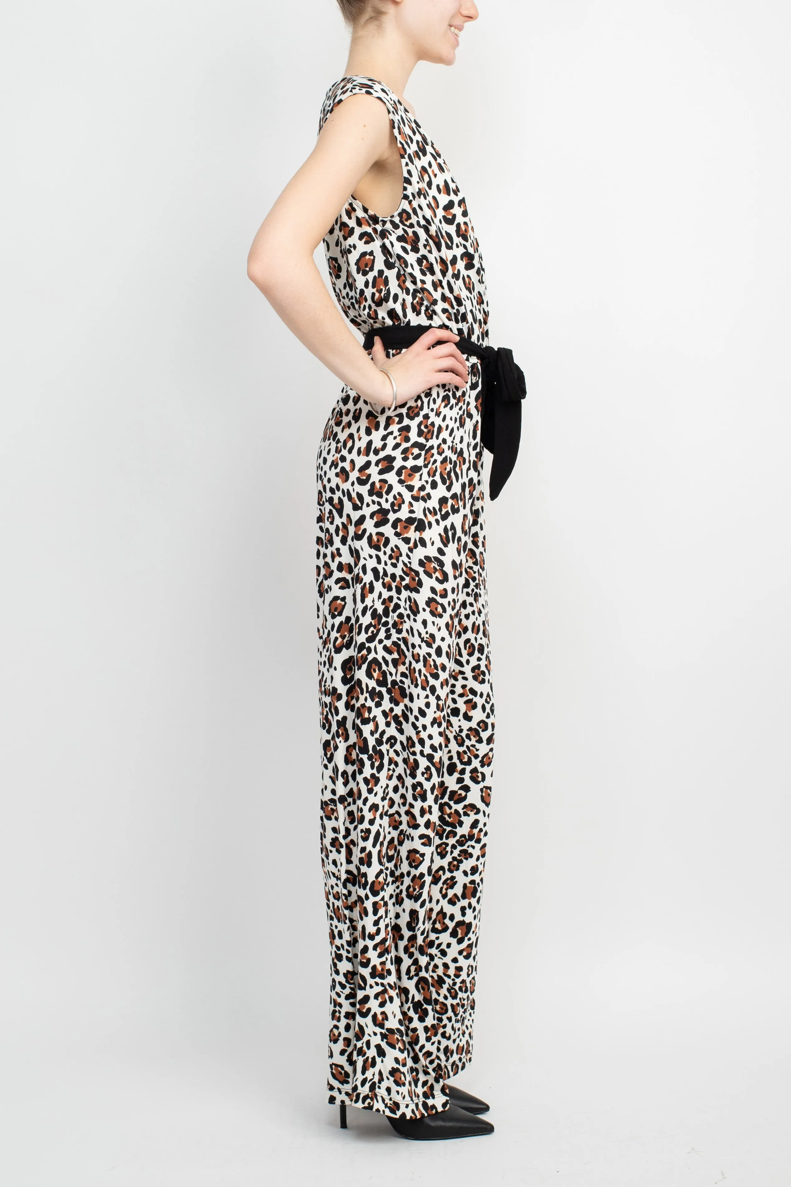 Emma & Michele V-Neck Elastic Waist Sleeveless Tie Waist Animal Print ITY Jumpsuit