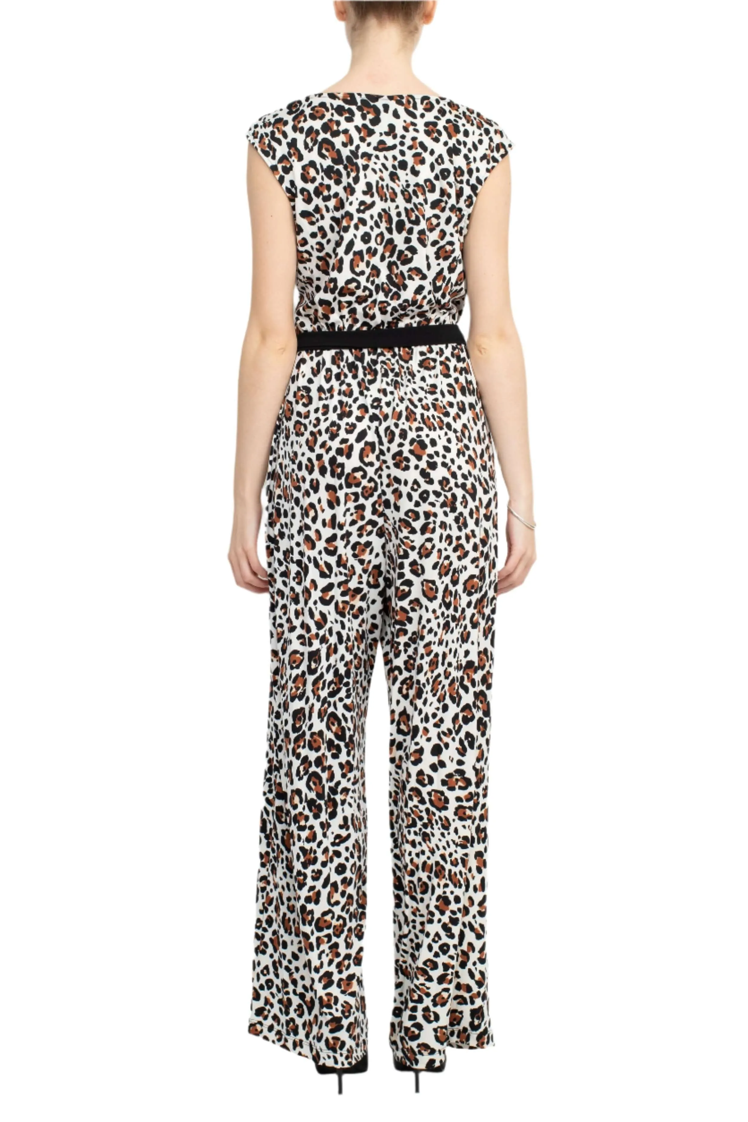 Emma & Michele V-Neck Elastic Waist Sleeveless Tie Waist Animal Print ITY Jumpsuit