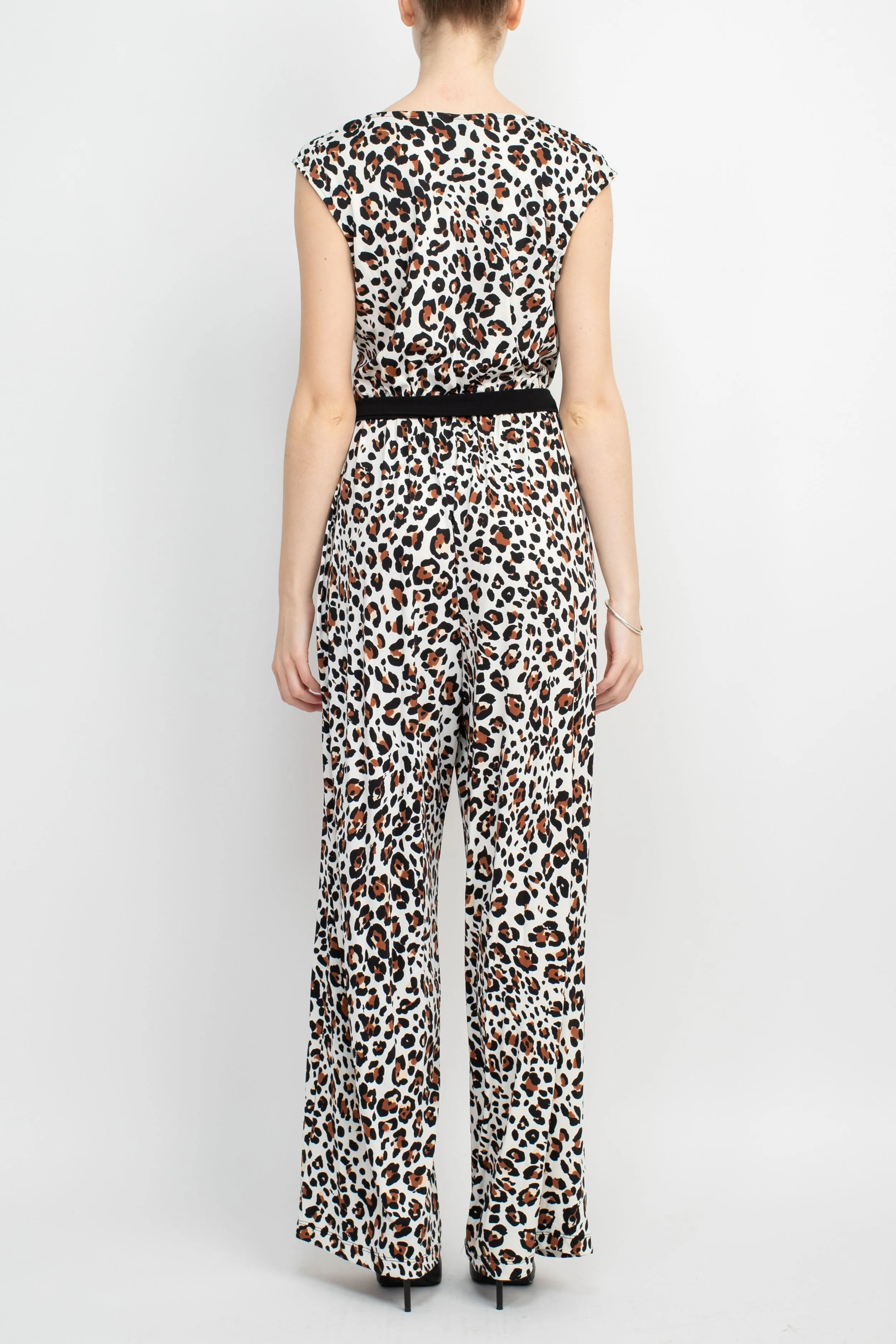 Emma & Michele V-Neck Elastic Waist Sleeveless Tie Waist Animal Print ITY Jumpsuit