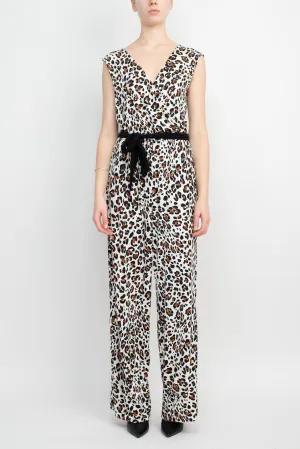 Emma & Michele V-Neck Elastic Waist Sleeveless Tie Waist Animal Print ITY Jumpsuit