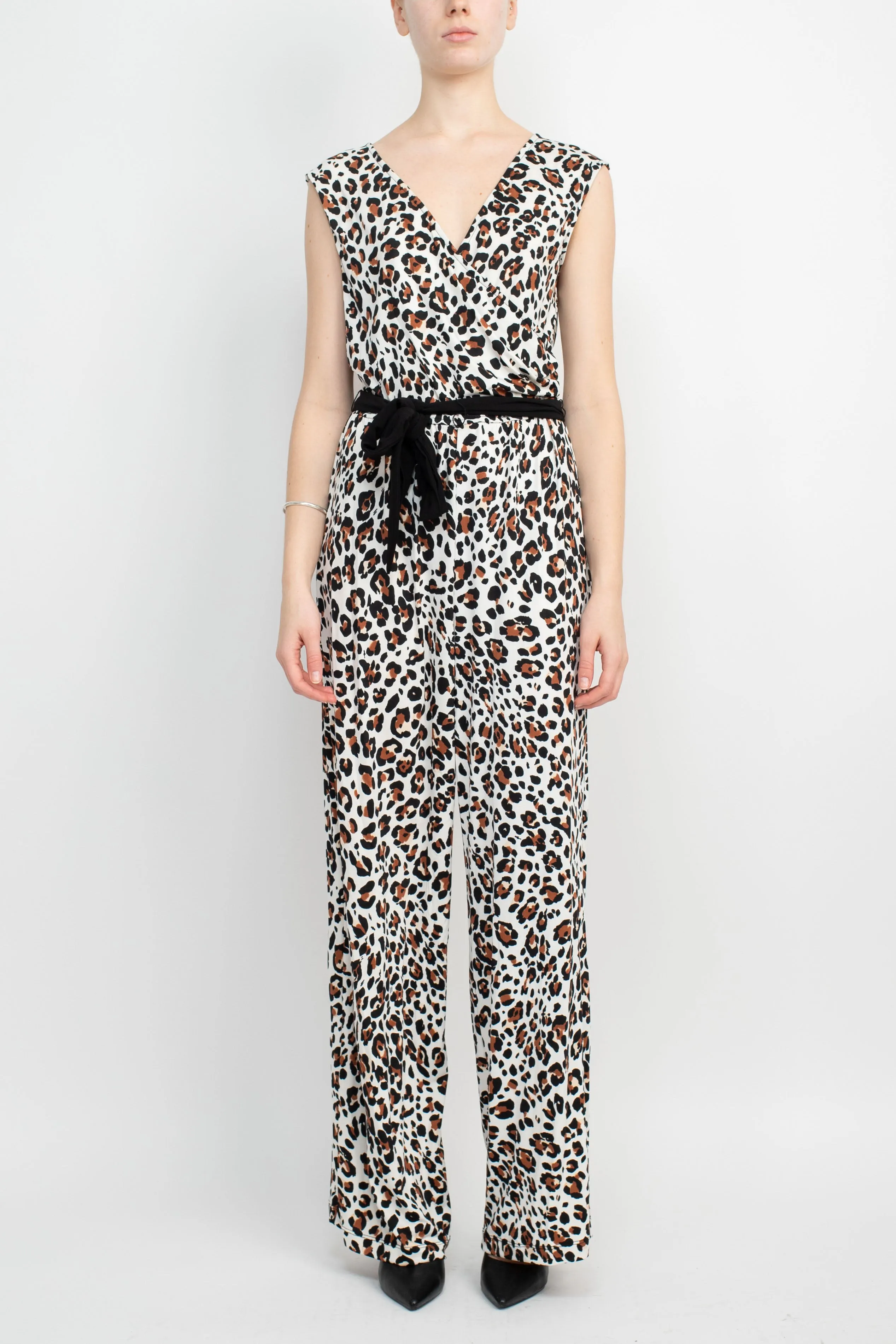 Emma & Michele V-Neck Elastic Waist Sleeveless Tie Waist Animal Print ITY Jumpsuit