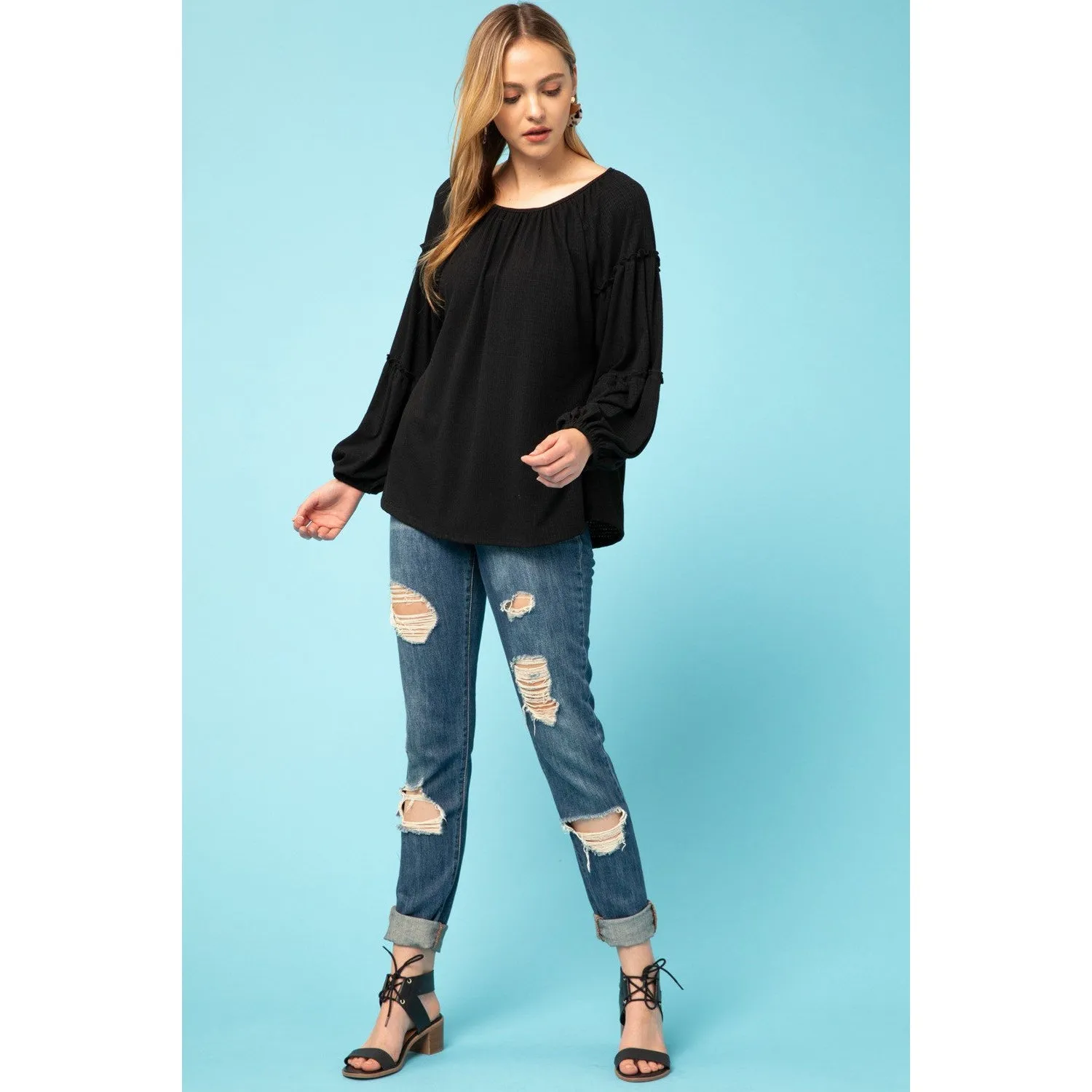 Entro Waffle Knit Top with Round Neck - Black