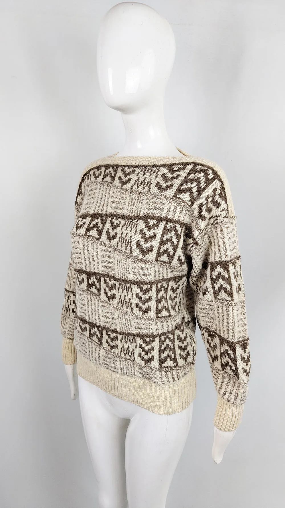 Escada Vintage Cream Alpaca & Wool Knit Patchwork Sweater, 1980s