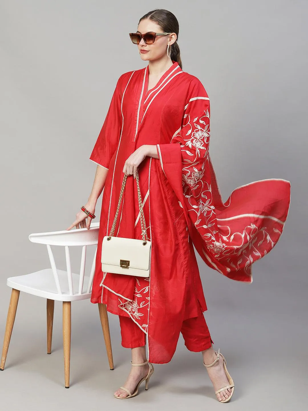 Ethnic A-Line Kurta with Pants & Dupatta - Red