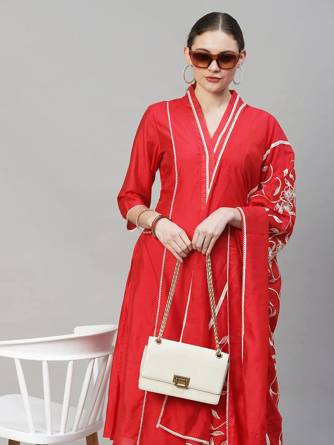 Ethnic A-Line Kurta with Pants & Dupatta - Red