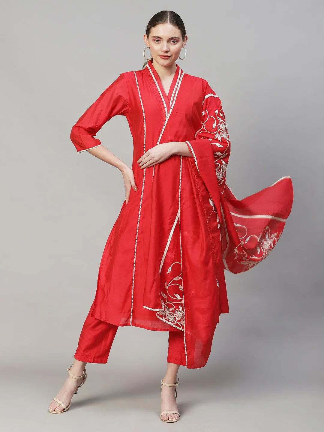 Ethnic A-Line Kurta with Pants & Dupatta - Red