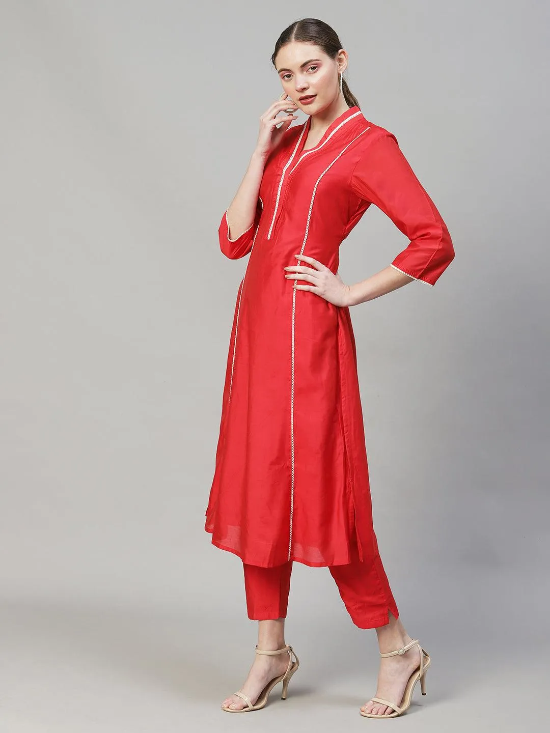 Ethnic A-Line Kurta with Pants & Dupatta - Red