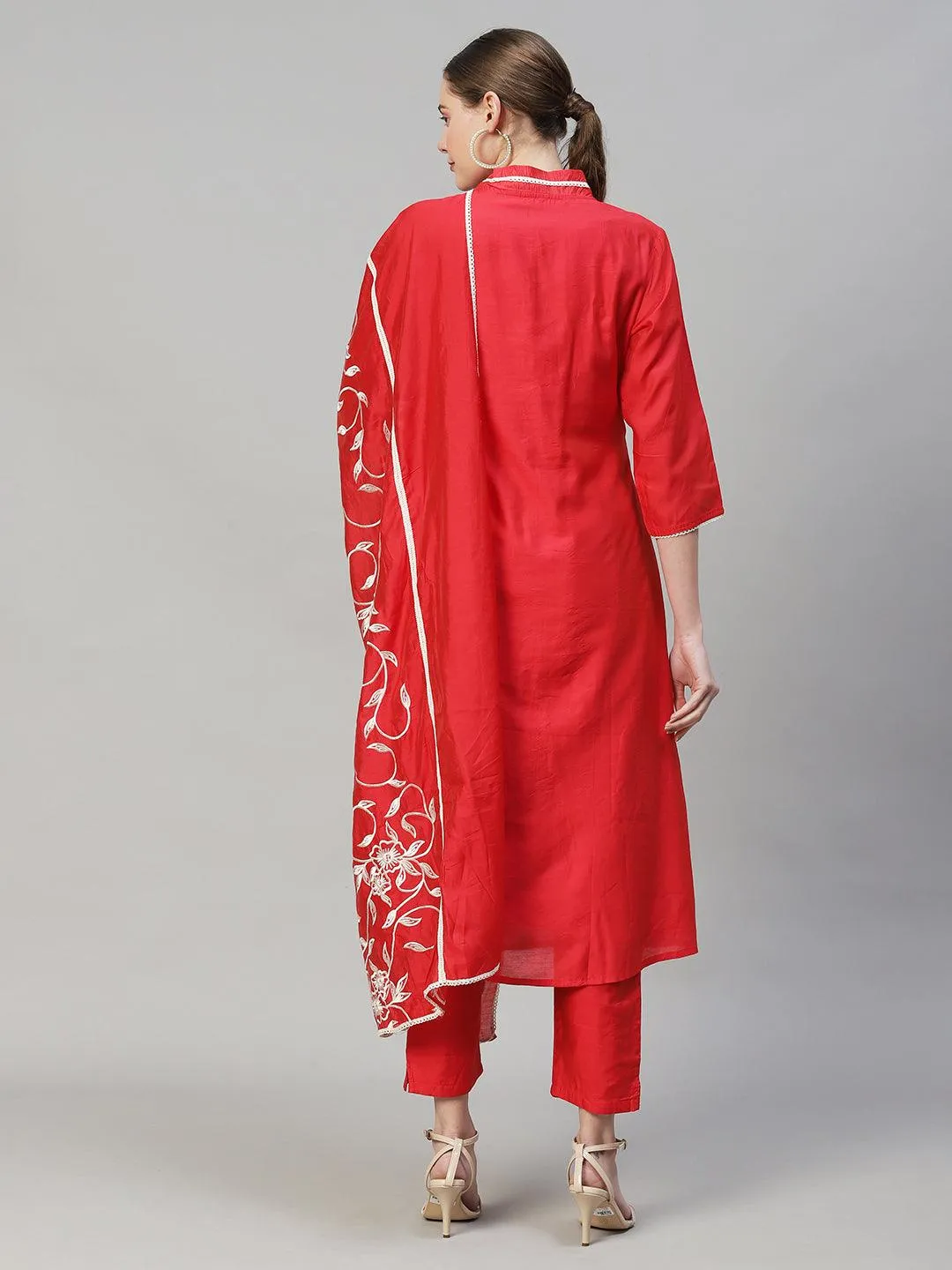 Ethnic A-Line Kurta with Pants & Dupatta - Red