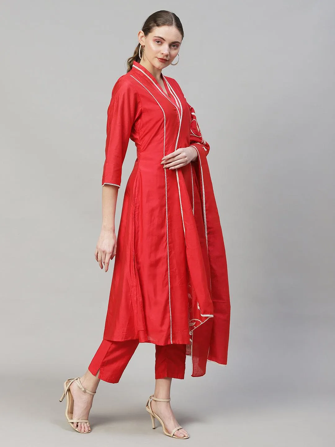 Ethnic A-Line Kurta with Pants & Dupatta - Red